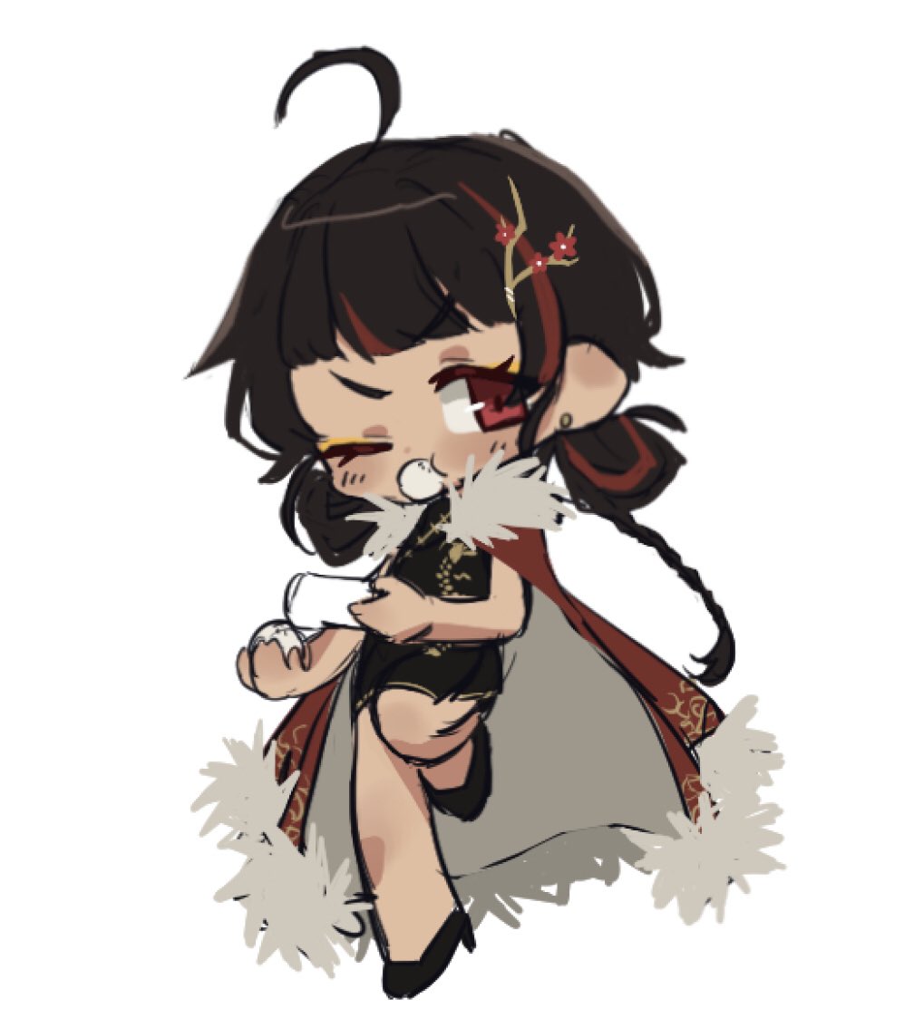 1girl, ahoge, baozi, black_dress, black_footwear, braid, branch, brown_hair