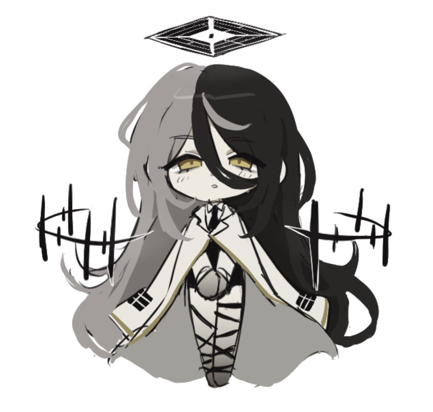 1girl, black_hair, black_halo, black_necktie, black_skirt, coat, full_body, grey_hair