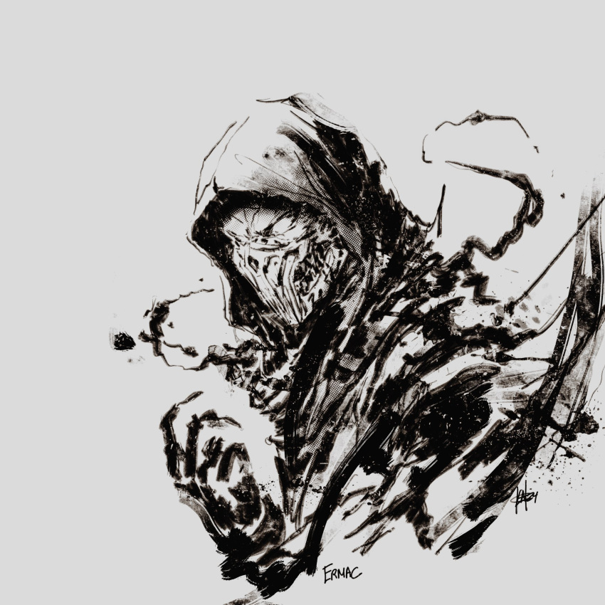 1boy, alzandahh, character_name, ermac, grey_background, greyscale, highres, hood