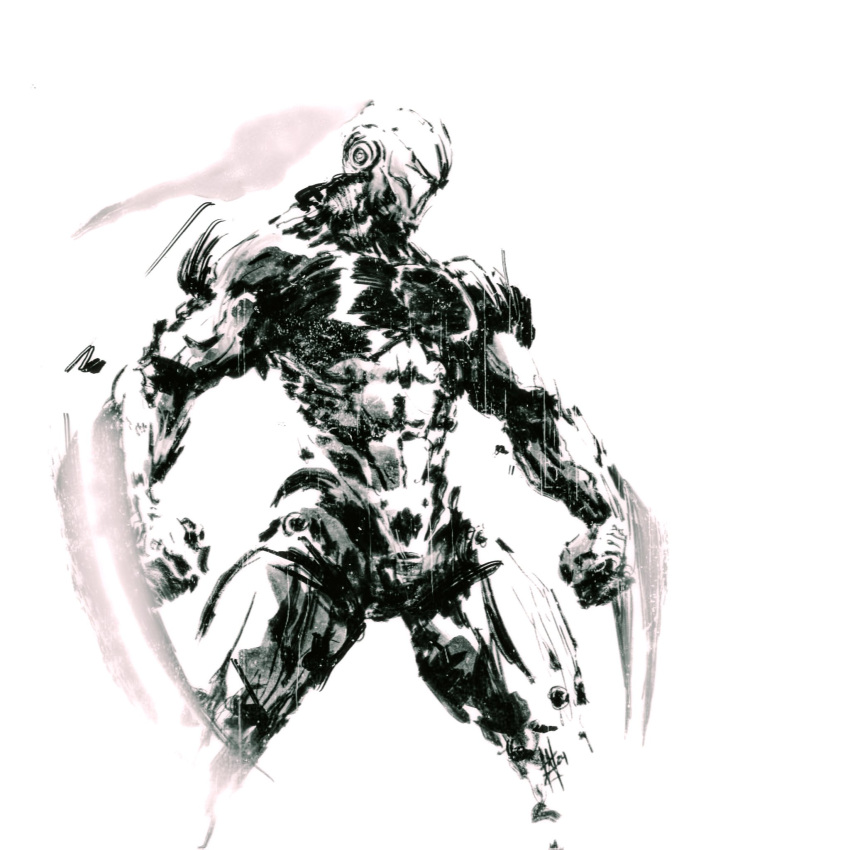 alzandahh, arm_blade, clenched_hands, cybernetic, cybernetic_parts, cyborg, energy_blade, fulgore, greyscale, highres, humanoid_robot, killer_instinct, knees_out_of_frame, looking_to_the_side, monochrome, no_humans, robot, simple_background, standing, weapon, white_background