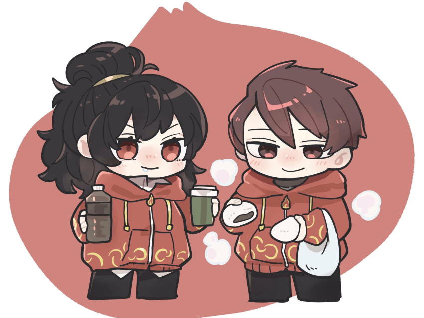 1boy, 1girl, bag, baozi, barley_tea, black_hair, black_pants, bottle