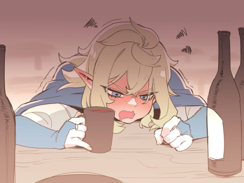 1girl, asutora, blonde_hair, bottle, cup, drunk, dungeon_meshi, elf