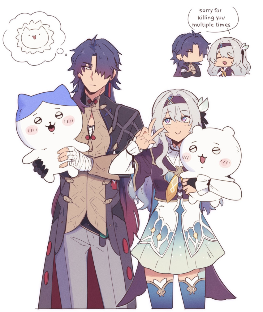 1boy, 1girl, black_hair, blade_(honkai:_star_rail), chibi, cowboy_shot, english_text, firefly_(honkai:_star_rail)