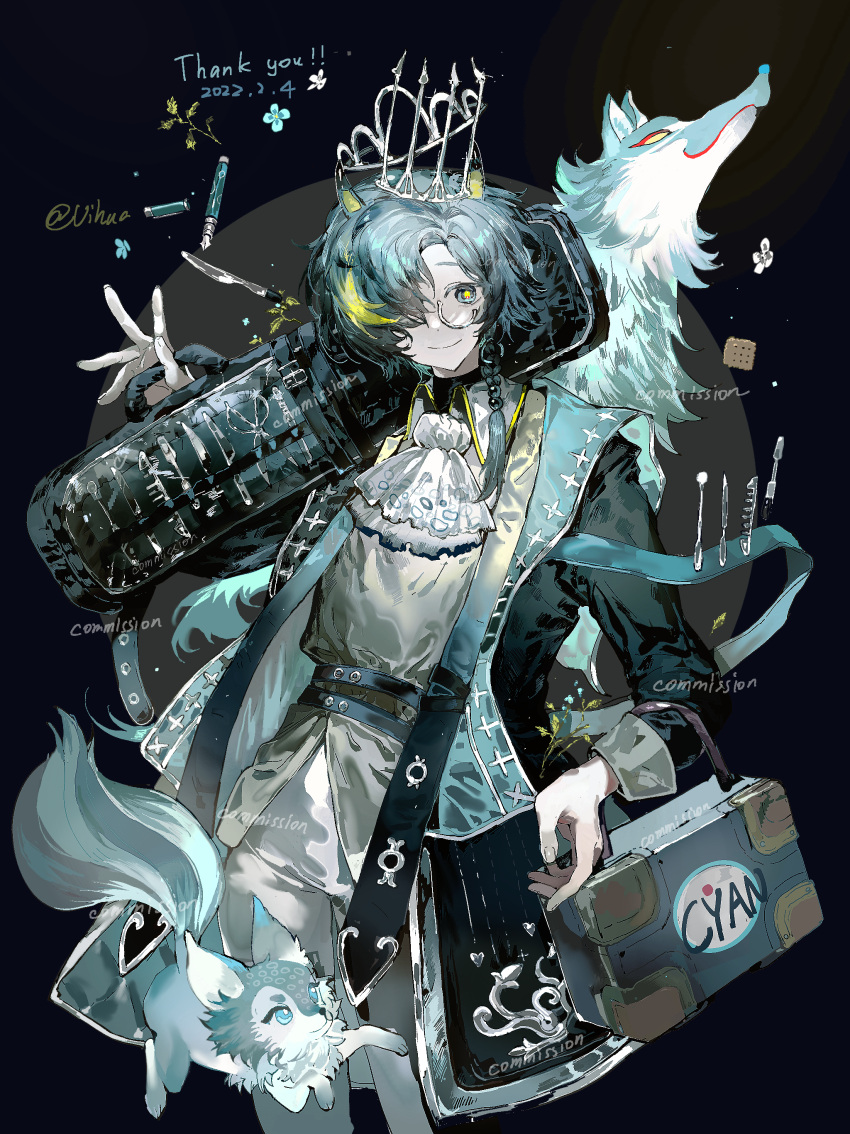 1boy, absurdres, animal_ears, ascot, black_background, black_coat, black_sleeves, black_undershirt