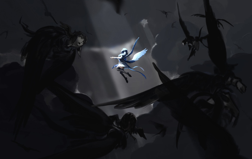 6+girls, 7enn, bird_girl, bird_legs, bird_tail, bird_wings, black_hair, black_wings