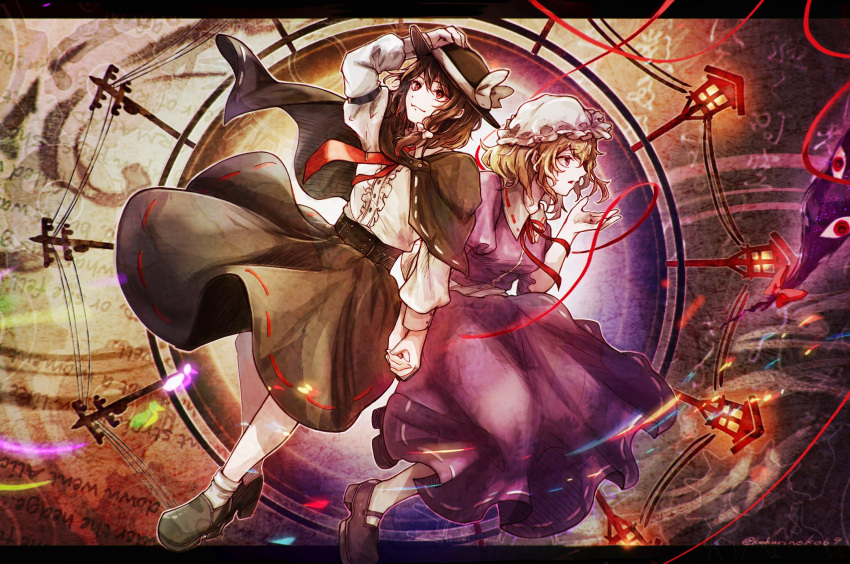 2girls, black_capelet, black_footwear, black_hat, black_skirt, blonde_hair, bow, breasts, brown_eyes, brown_hair, capelet, collared_shirt, fedora, gap_(touhou), grin, hat, hat_bow, highres, holding_hands, loafers, maribel_hearn, mary_janes, medium_breasts, multiple_girls, neck_ribbon, pantyhose, parted_lips, puffy_short_sleeves, puffy_sleeves, purple_shirt, purple_skirt, red_ribbon, ribbon, shikanoyo, shirt, shoes, short_hair, short_sleeves, skirt, small_breasts, smile, socks, touhou, usami_renko, violet_eyes, white_bow, white_pantyhose, white_socks
