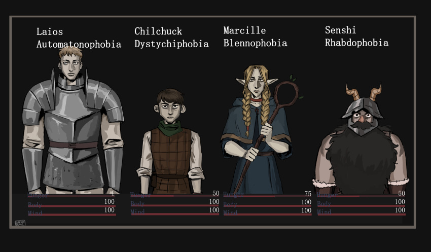 1girl, 3boys, absurdres, armor, beard, blonde_hair, braid, brown_hair, chilchuck_tims, dungeon_meshi, elf, facial_hair, fear_&amp;_hunger, gameplay_mechanics, greseadraws, helm, helmet, highres, holding, holding_staff, laios_touden, long_hair, marcille_donato, multiple_boys, parody, pointy_ears, senshi_(dungeon_meshi), short_hair, simple_background, staff, style_parody, twin_braids, white_background, yellow_eyes