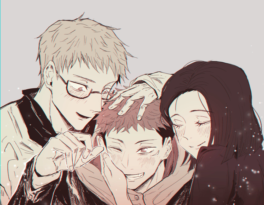 1girl, 2boys, aaddooii33, blunt_ends, blush, closed_mouth, commentary, facial_mark