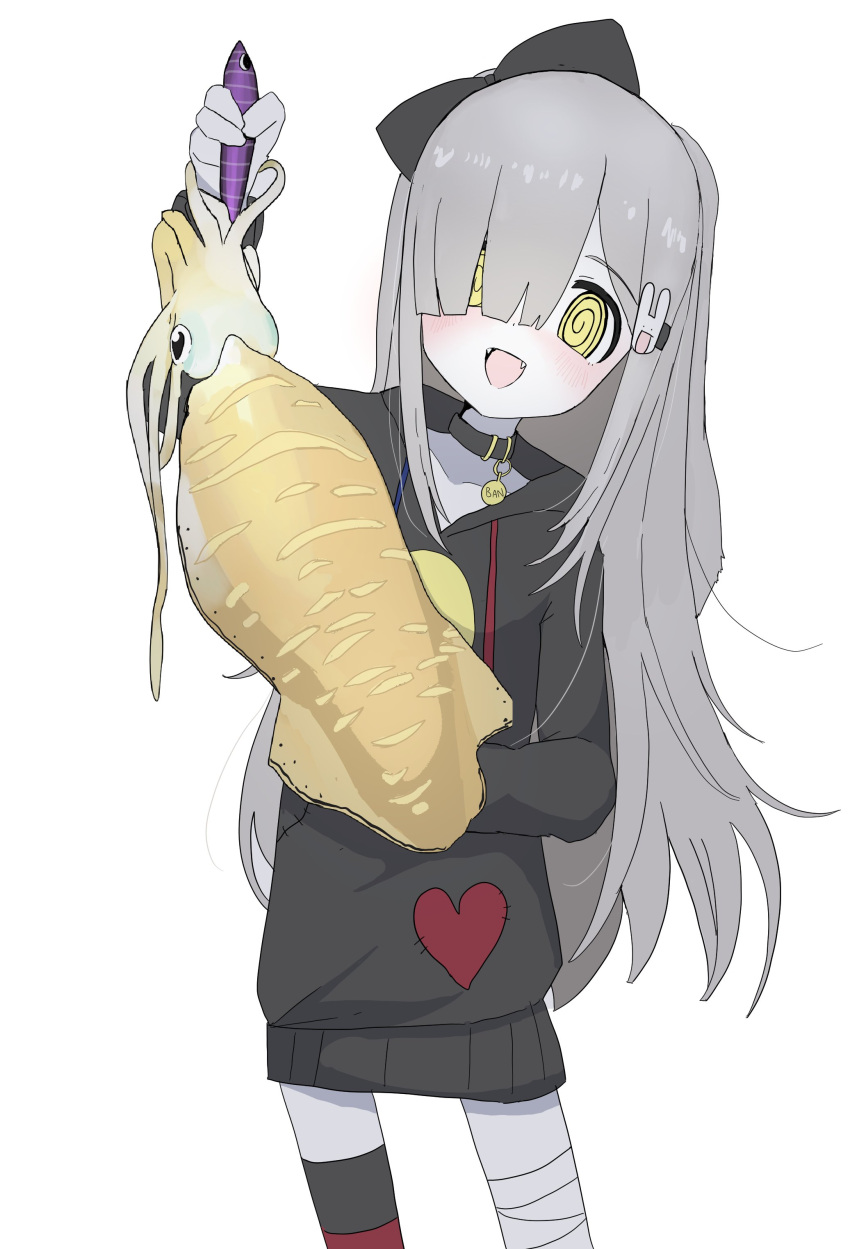 1girl, :d, @_@, absurdres, bandaged_leg, bandages, blunt_bangs, cephalopod