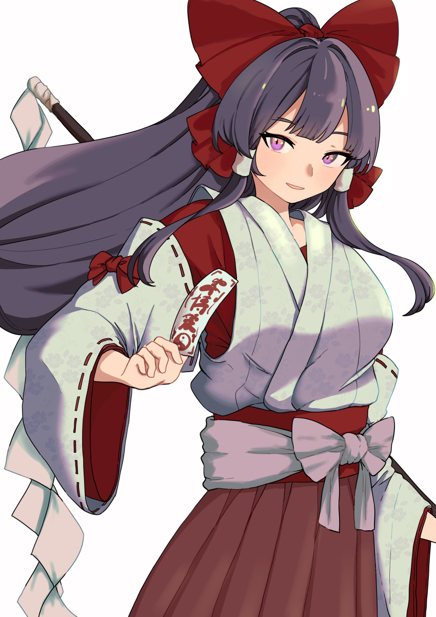 1girl, absurdres, blunt_bangs, bow, breasts, commentary_request, detached_sleeves, gohei