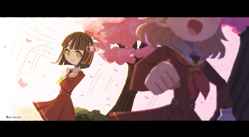 2girls, alt_text, black_hair, blunt_bangs, blunt_ends, blurry, blurry_foreground, brown_dress