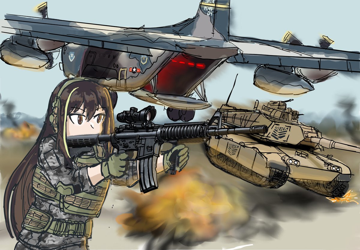 1girl, aircraft, alternate_costume, assault_rifle, blurry, blurry_background, brown_hair, caterpillar_tracks, day, explosion, girls_frontline, gloves, green_gloves, gun, holding, holding_gun, holding_weapon, load_bearing_vest, long_hair, m1_abrams, m4_carbine, m4a1_(girls'_frontline), machine_gun, military, military_uniform, military_vehicle, motor_vehicle, multicolored_hair, outdoors, puffypau26, rifle, scope, sky, solo, streaked_hair, tank, transport_plane, uniform, weapon