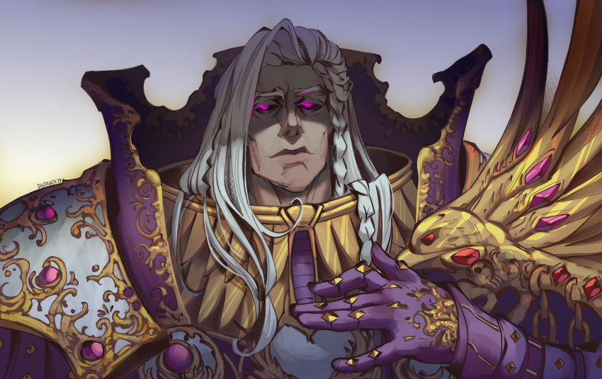 1boy, armor, artist_name, bird, black_sclera, braid, breastplate, closed_mouth