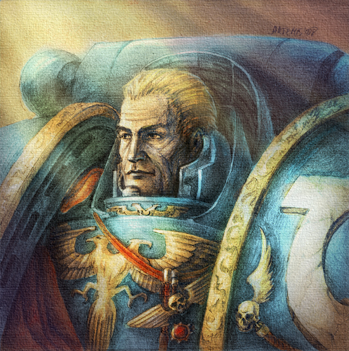 1boy, armor, armor_of_reason_(warhammer), artist_name, blonde_hair, blue_armor, breastplate, closed_mouth, commentary, english_commentary, imperial_aquila, lowres, male_focus, noldofinve, pauldrons, power_armor, primarch, roboute_guilliman, short_hair, shoulder_armor, signature, solo, sunlight, traditional_media, ultramarines, upper_body, warhammer_40k, yellow_eyes