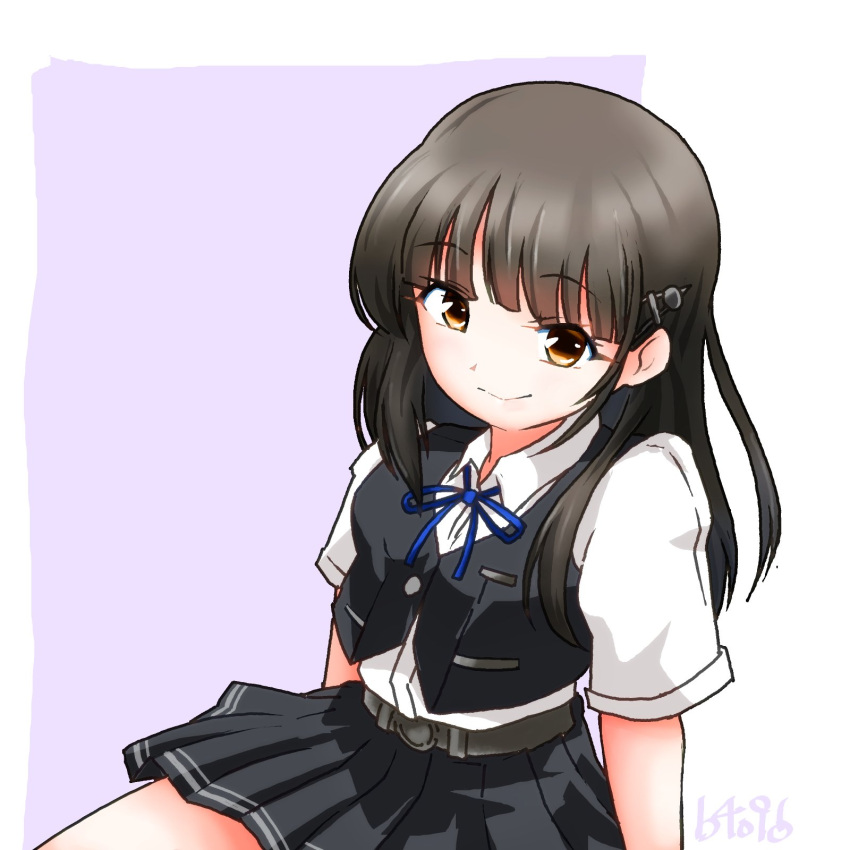 1girl, baku_(burst), black_hair, black_skirt, black_vest, blue_ribbon, brown_eyes, collared_shirt, dress_shirt, grey_background, hayashio_(kancolle), hayashio_kai_ni_(kancolle), highres, kantai_collection, long_hair, mole, mole_under_eye, neck_ribbon, one-hour_drawing_challenge, pleated_skirt, ribbon, school_uniform, shirt, sitting, skirt, smile, solo, two-tone_background, vest, white_shirt