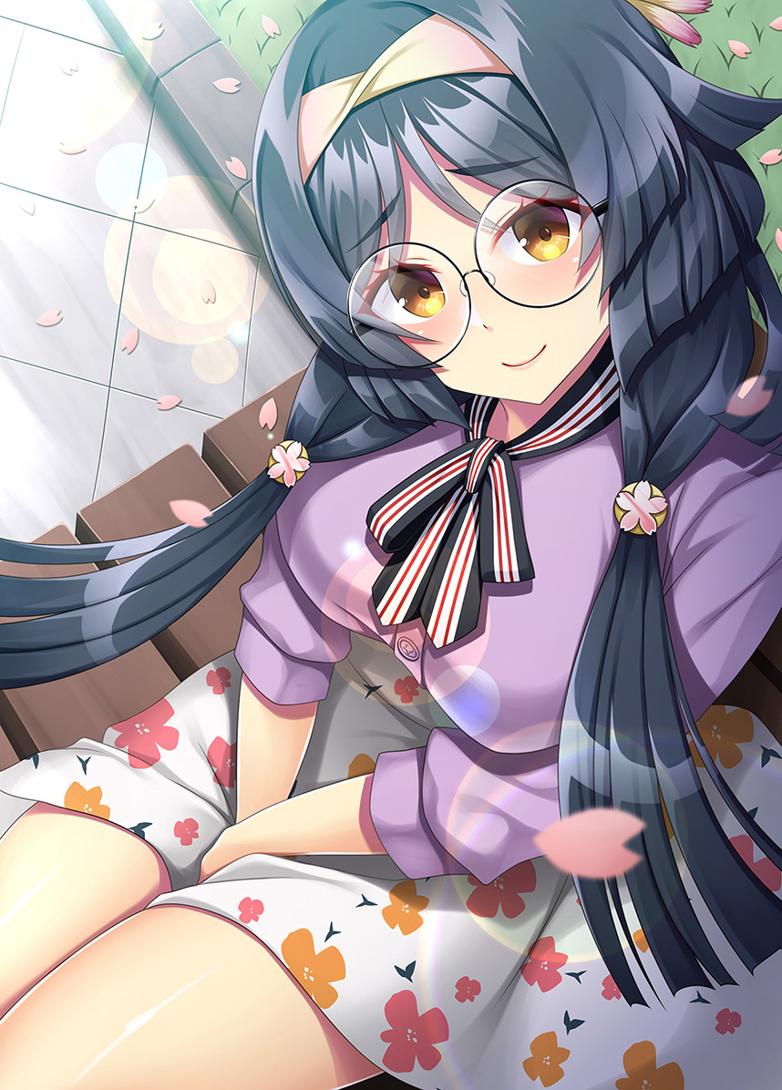 1girl, bench, black_hair, brown_eyes, cowboy_shot, floral_print, from_above, glasses