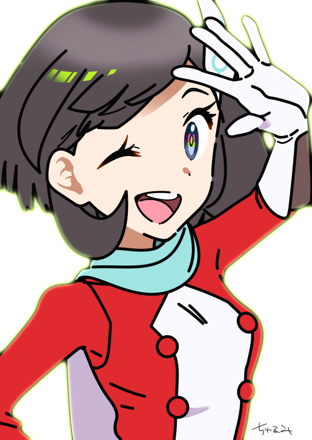 1girl, black_hair, churumi_(grie), gloves, green_scarf, looking_at_viewer, official_alternate_costume, one_eye_closed