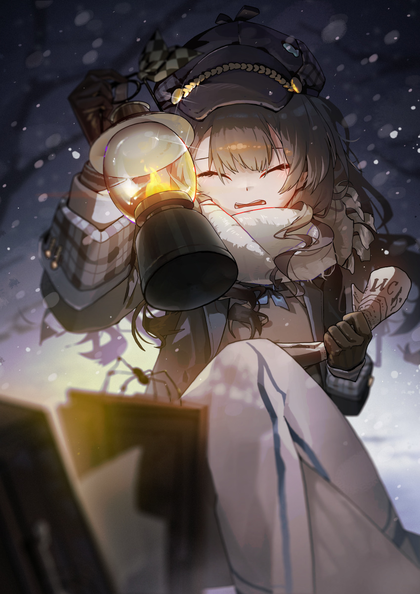 1girl, absurdres, blue_coat, brown_gloves, brown_hair, bug, cabbie_hat, closed_eyes