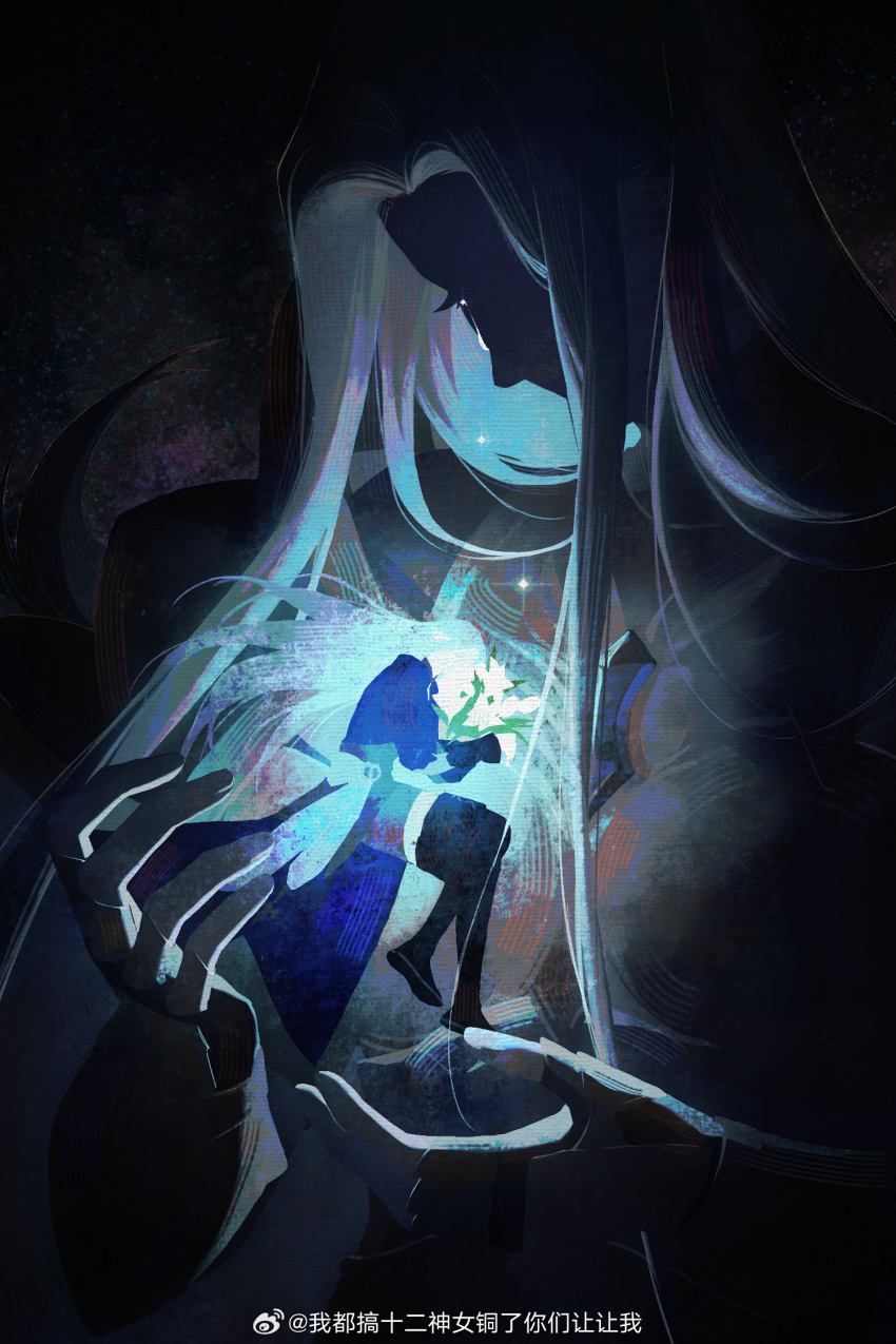 2girls, black_background, black_footwear, blue_hair, blue_jacket, boots, chinese_commentary, commentary_request