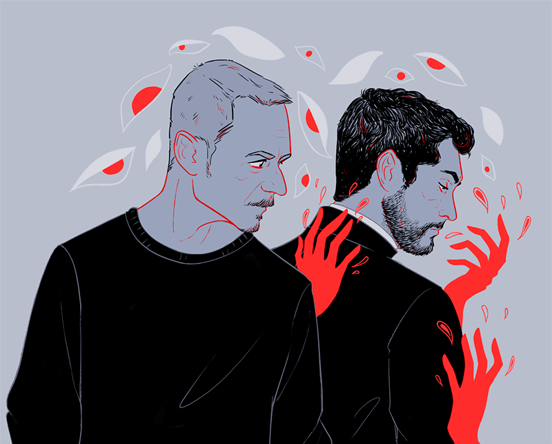 2boys, animated, animated_gif, beard, blue_background, cassock, clerical_collar, disembodied_eye