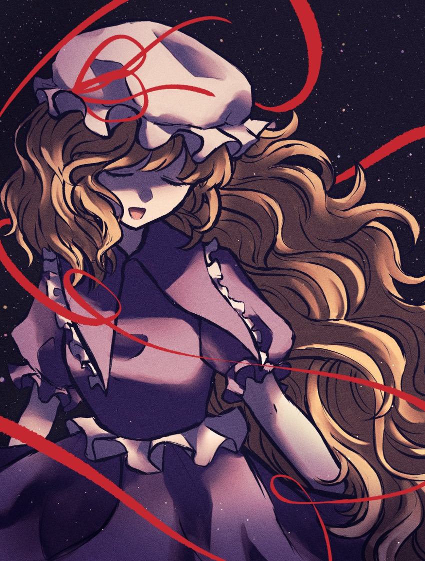 1girl, blonde_hair, closed_eyes, commentary_request, cowboy_shot, hat, highres, long_hair