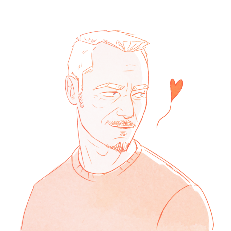 1boy, facial_hair, goatee, heart, male_focus, marcus_keane, mature_male, monochrome, mustache, short_hair, simple_background, smile, solo, sweater, the_exorcist, upper_body, weardes, wrinkled_skin