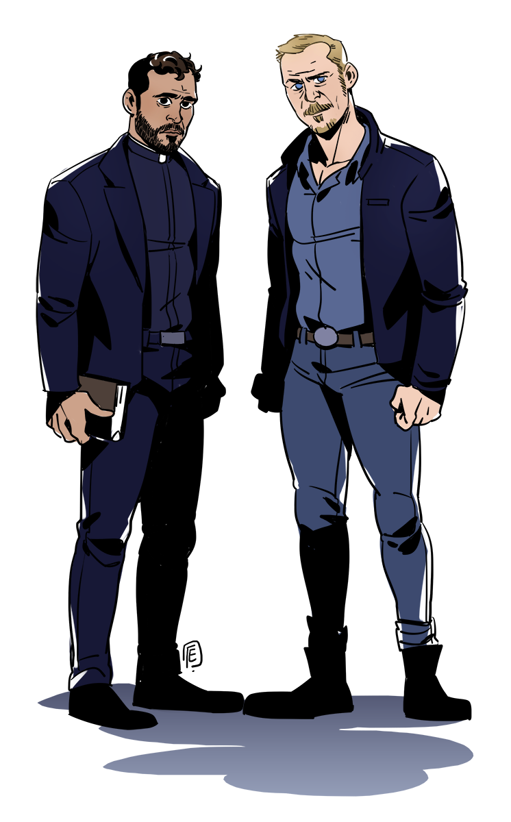 2boys, beard, bible_(object), black_eyes, black_hair, blonde_hair, blue_eyes, book, clerical_collar, dark-skinned_male, dark_skin, elensartdump, facial_hair, full_beard, full_body, goatee, highres, holding, holding_book, male_focus, marcus_keane, mature_male, multiple_boys, mustache, priest, simple_background, the_exorcist, tomas_ortega, white_background