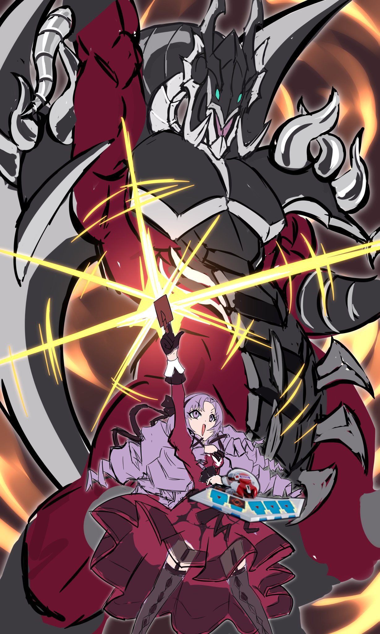 armed_dragon_thunder, black_gloves, black_ribbon, black_thighhighs, card, colored_skin, dragon, dress