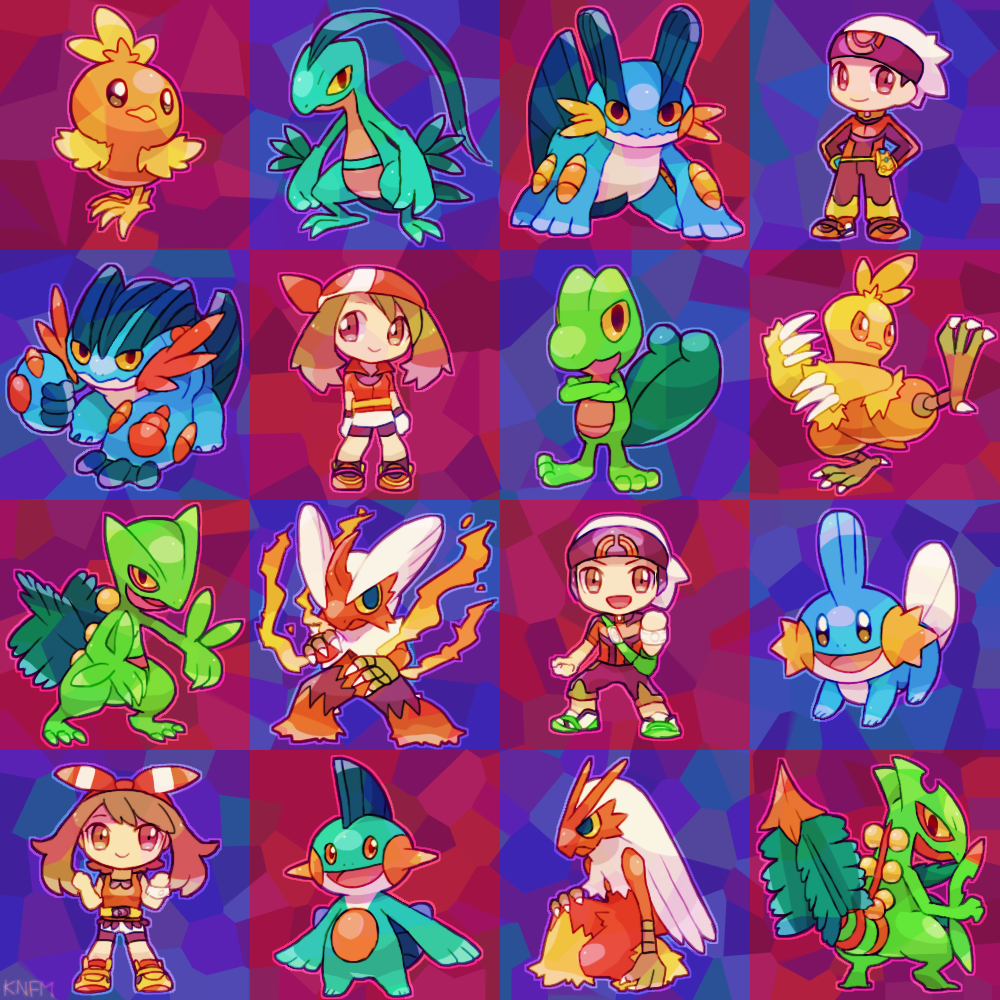 2boys, 2girls, bandana, beanie, bike_shorts_under_skirt, blaziken, brendan_(pokemon), brown_hair