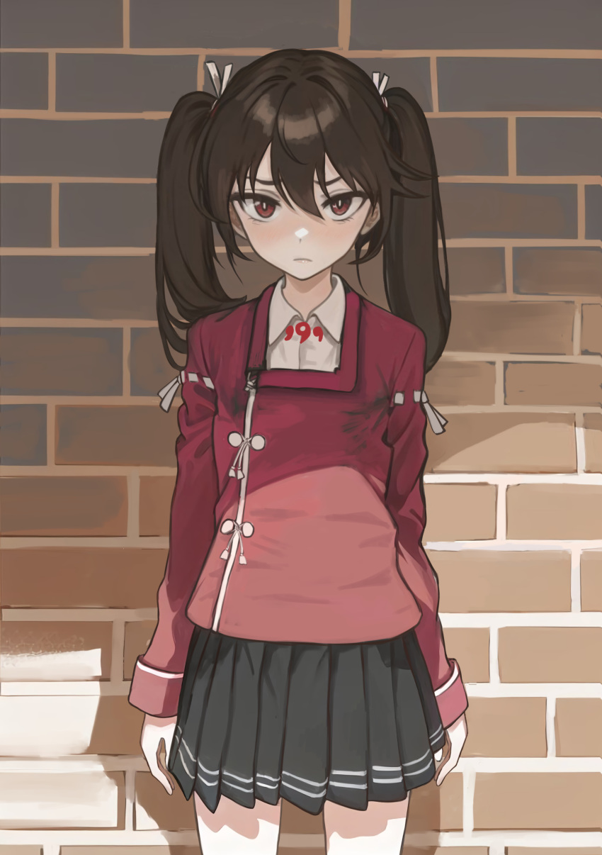 1girl, absurdres, black_skirt, brick_wall, brown_eyes, brown_hair, closed_mouth, collared_shirt, cowboy_shot, dress_shirt, highres, japanese_clothes, kantai_collection, kariginu, looking_at_viewer, magatama, nito_(nshtntr), pleated_skirt, red_shirt, ryuujou_(kancolle), ryuujou_kai_ni_(kancolle), shirt, skirt, solo, standing, white_shirt