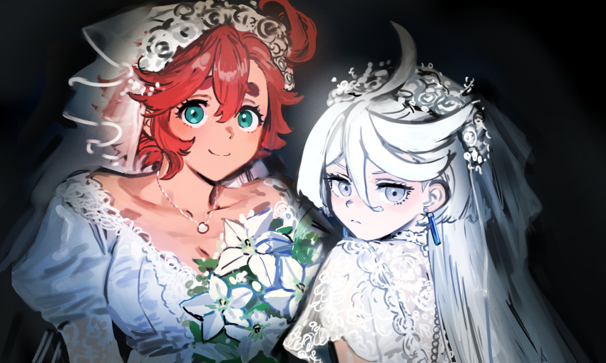 2girls, ahoge, belletaku, breasts, dress, earrings, flower, grey_eyes