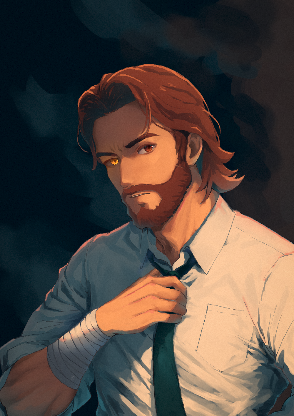 1boy, adjusting_clothes, adjusting_necktie, bandaged_arm, bandages, beard, bigby_wolf, black_necktie, brown_facial_hair, brown_hair, collared_shirt, commentary, facial_hair, full_beard, herfstijl, heterochromia, highres, looking_at_viewer, necktie, parted_lips, red_eyes, shirt, short_hair, sleeves_past_elbows, solo, teeth, the_wolf_among_us, upper_body, white_shirt, yellow_eyes