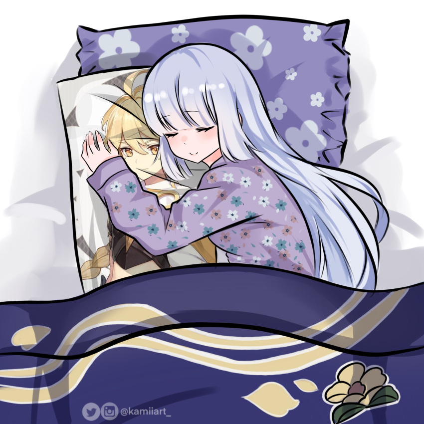 1boy, aether_(genshin_impact), artist_name, bed, blanket, body_pillow, closed_eyes, closed_mouth