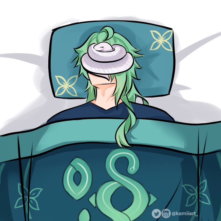 1boy, artist_name, baizhu_(genshin_impact), bed, blanket, blue_shirt, genshin_impact, green_hair