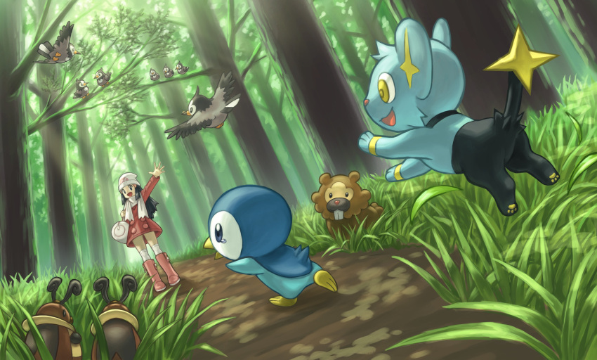 1girl, :d, bag, beanie, bidoof, bird, boots, chatot