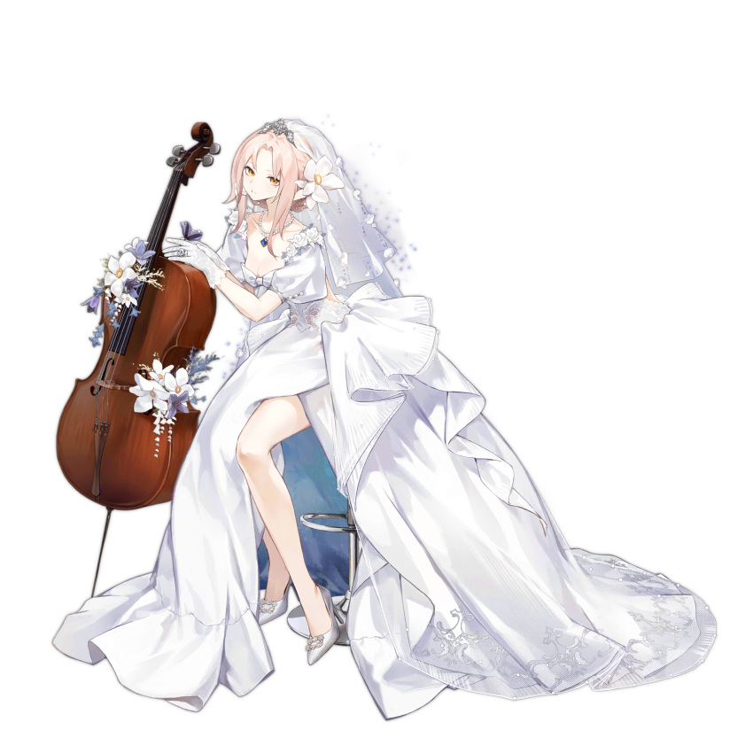 1girl, aug_(blue_meditation)_(girls'_frontline), aug_(girls'_frontline), bare_legs, blue_gemstone, breasts, bridal_veil, cello