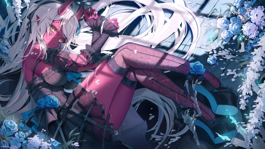 1girl, akumi_(yoclesh), beyumi, black_dress, black_footwear, black_nails, black_ribbon, black_thighhighs