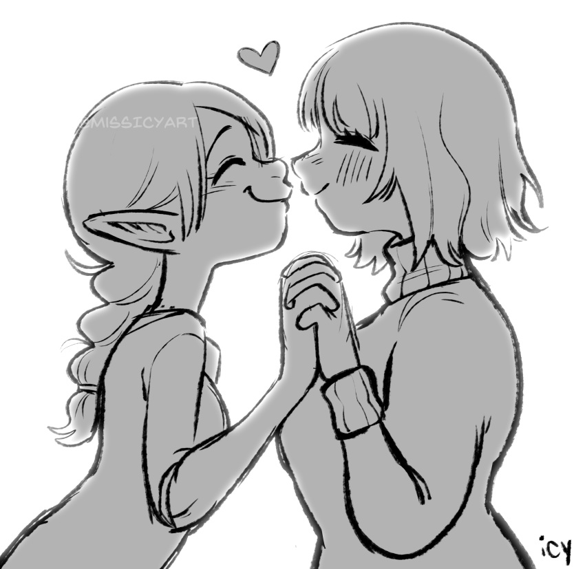2girls, ^_^, absurdres, braid, closed_eyes, commentary, couple, dungeon_meshi