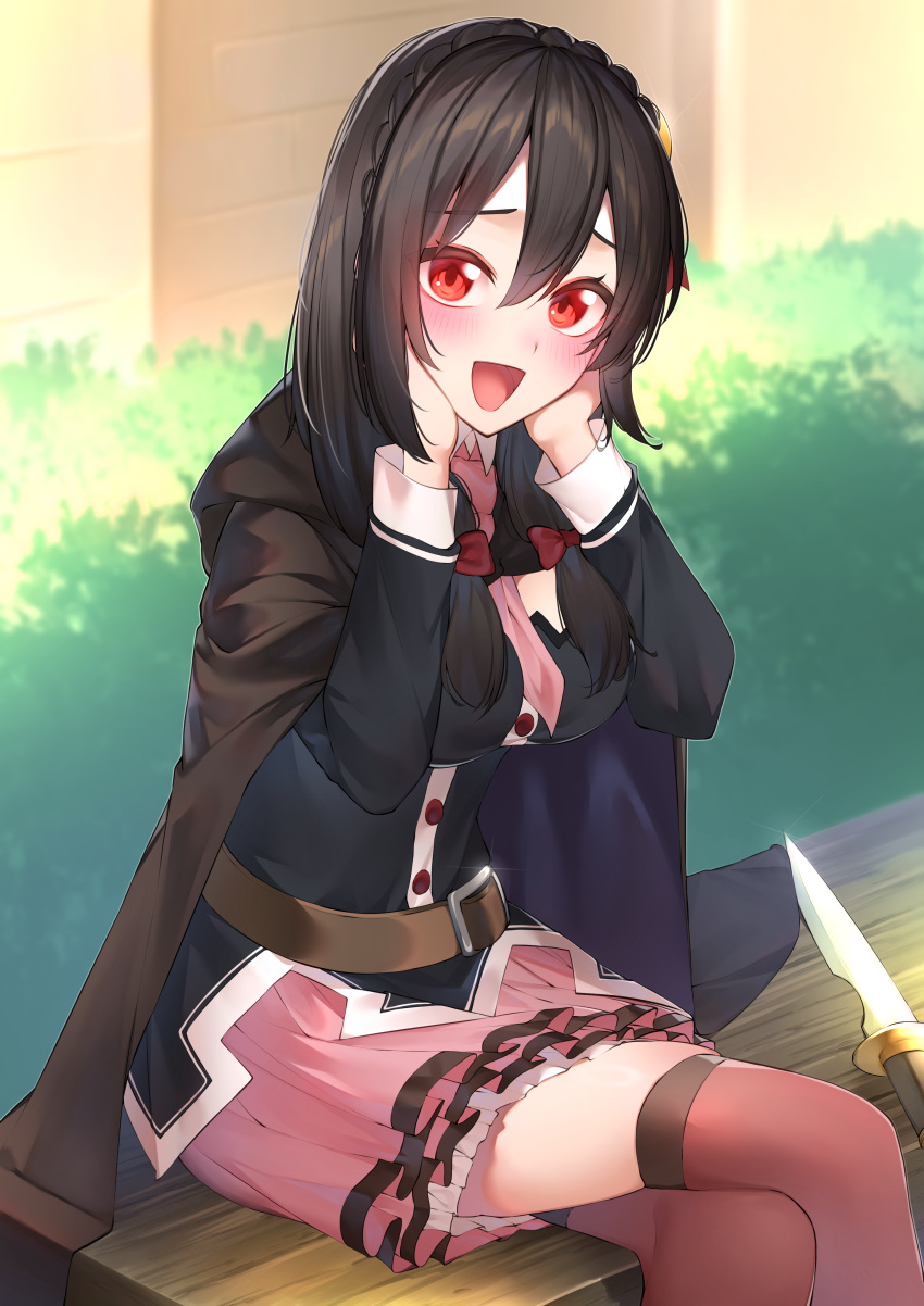 1girl, :d, absurdres, bench, black_cape, black_hair, black_shirt, blush