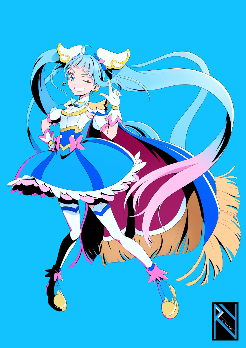 1girl, absurdres, ahoge, blue_background, blue_eyes, blue_footwear, blue_hair, blue_skirt, cure_sky, detached_sleeves, doraemon12012, fingerless_gloves, floating_hair, gloves, gradient_hair, grin, hair_ornament, hand_on_own_hip, heart, heart_hair_ornament, highres, hirogaru_sky!_precure, index_finger_raised, long_hair, looking_at_viewer, multicolored_hair, one_eye_closed, pink_hair, precure, shirt, short_sleeves, simple_background, skirt, smile, solo, sora_harewataru, thigh-highs, twintails, underbust, very_long_hair, white_gloves, white_shirt, white_thighhighs