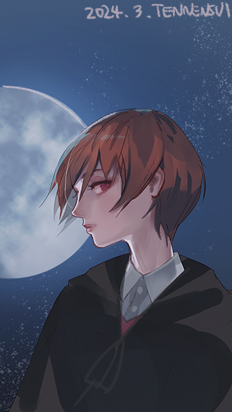 1girl, black_cloak, brown_hair, cloak, collared_shirt, dated, expressionless, full_body