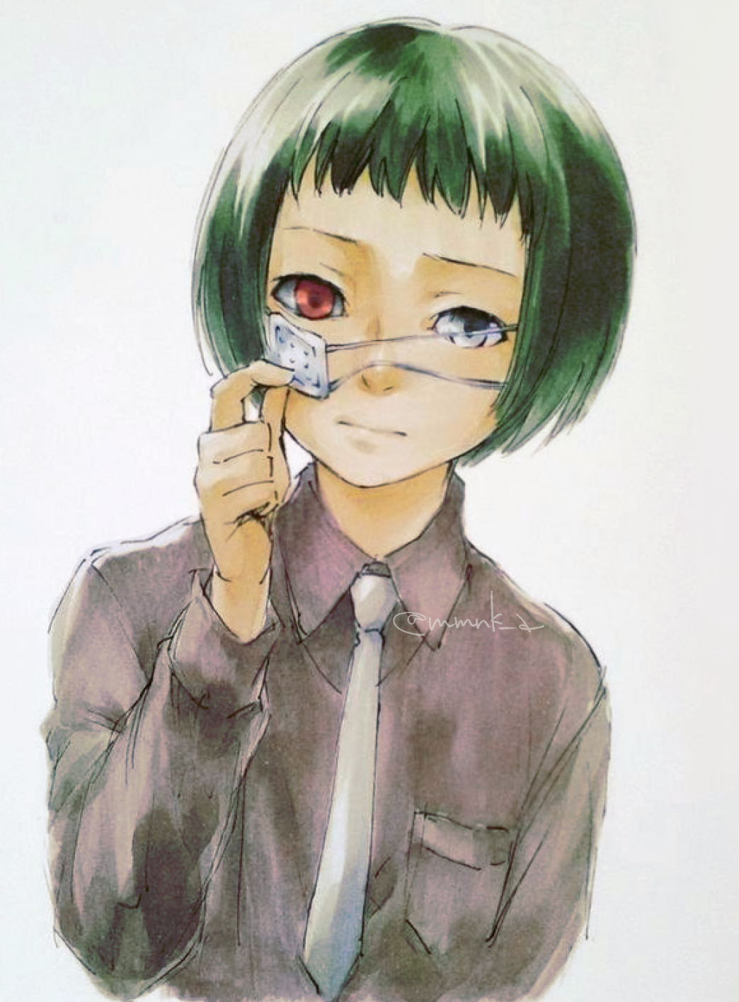 1girl, akari-mmnk, breast_pocket, brown_shirt, collared_shirt, colored_sclera, eyepatch, eyepatch_pull