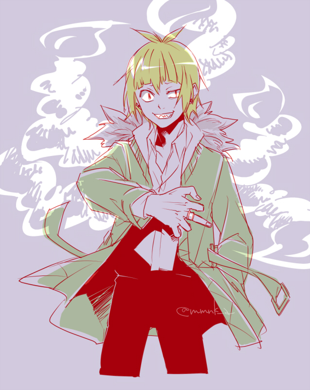 1boy, akari-mmnk, black_pants, blonde_hair, brown_jacket, cropped_legs, earrings, grey_background