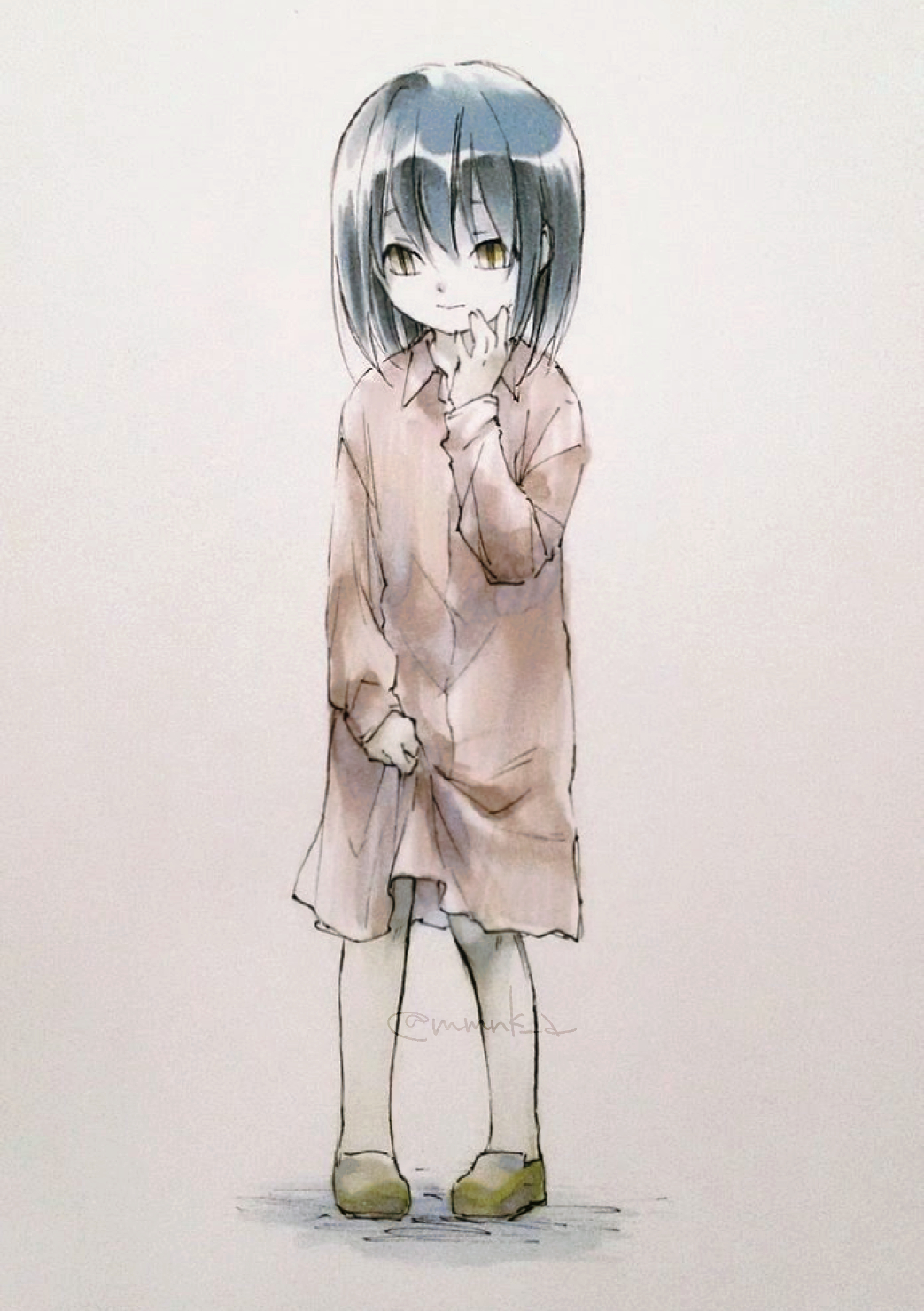 1girl, aged_down, akari-mmnk, black_hair, brown_dress, brown_footwear, collared_dress, dress