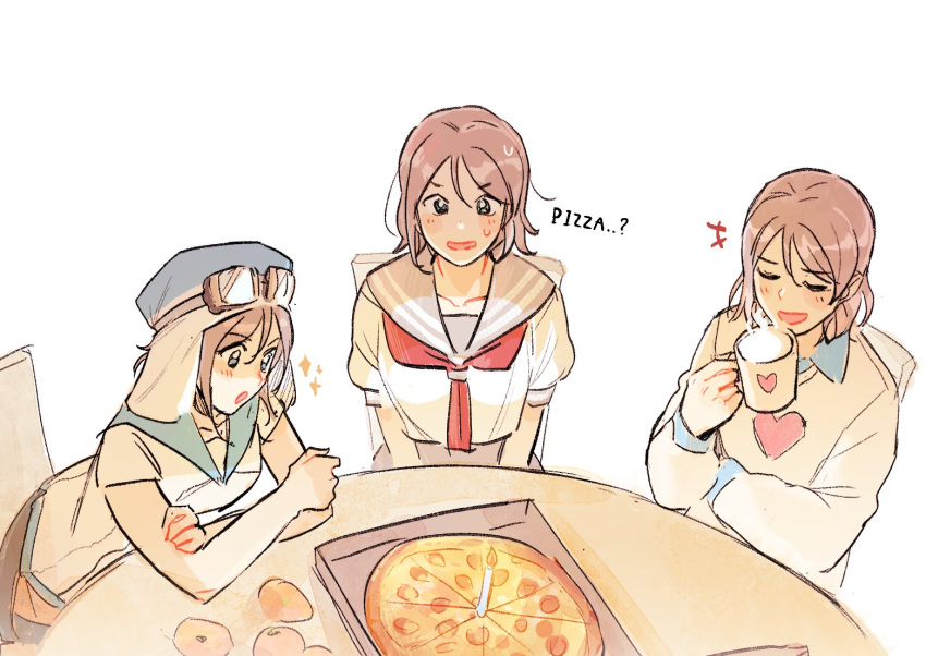 blue_eyes, brown_hair, food, goggles, hat, love_live!, love_live!_sunshine!!, multiple_girls
