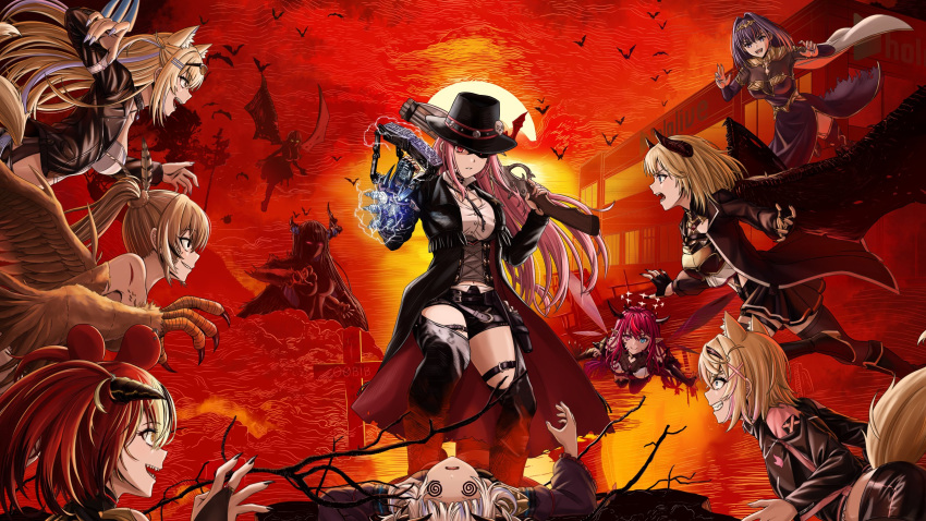 6+girls, @_@, bat_(animal), black_jacket, blonde_hair, blue_hair, brown_hair, claws