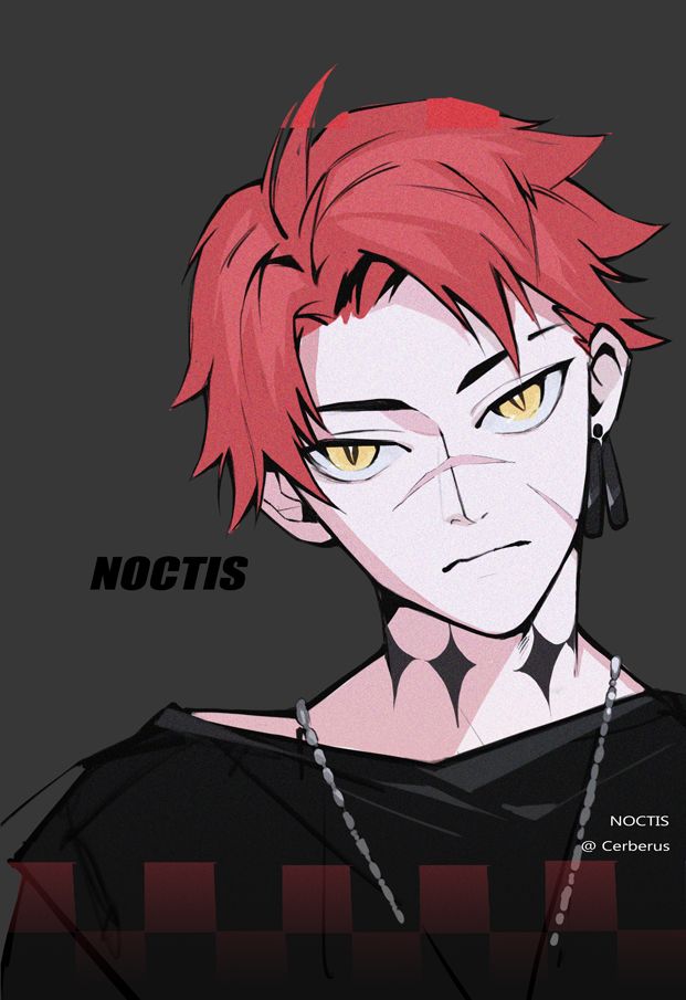 18_kawaki, 1boy, black_background, black_shirt, character_name, cross_tattoo, earrings, jewelry