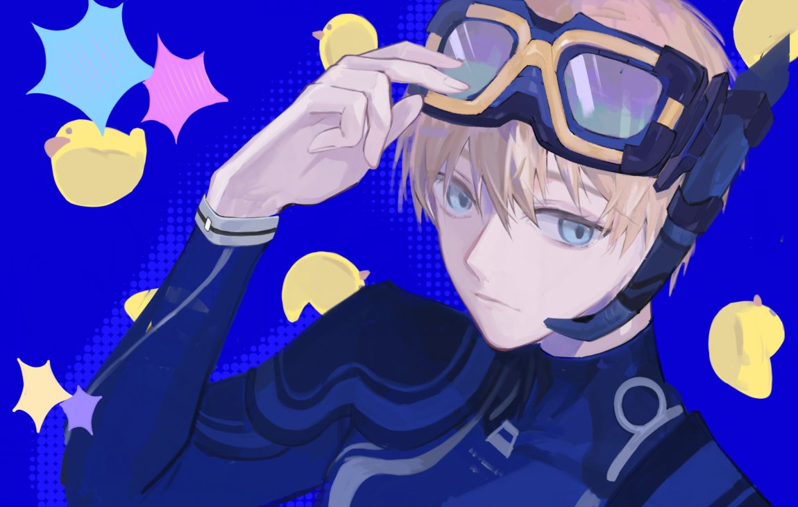 18_kawaki, 1boy, blue_eyes, blue_wetsuit, closed_mouth, diving_mask, diving_mask_on_head, diving_suit