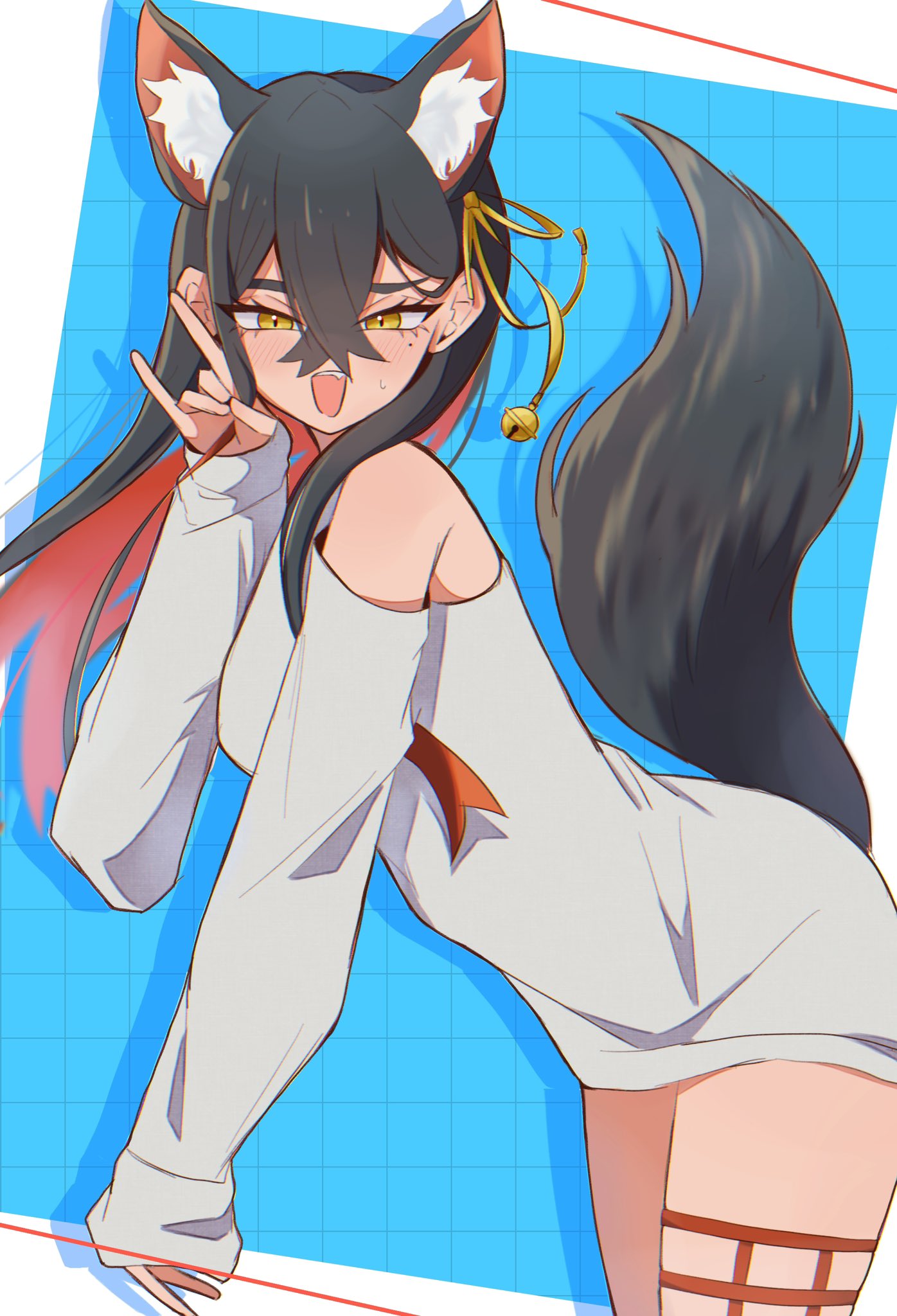 1girl, :d, \m/, animal_ear_fluff, black_hair, blue_background, blush, border, carmine_(pokemon), colored_inner_hair, commentary_request, crossed_bangs, eyelashes, grey_shirt, grid_background, hair_between_eyes, hasu_175, highres, kemonomimi_mode, leaning_forward, looking_at_viewer, mole, mole_under_eye, multicolored_hair, open_mouth, outside_border, pokemon, pokemon_sv, redhead, shirt, simple_background, sleeves_past_wrists, smile, solo, sweat, tail, two-tone_hair, white_border, yellow_eyes