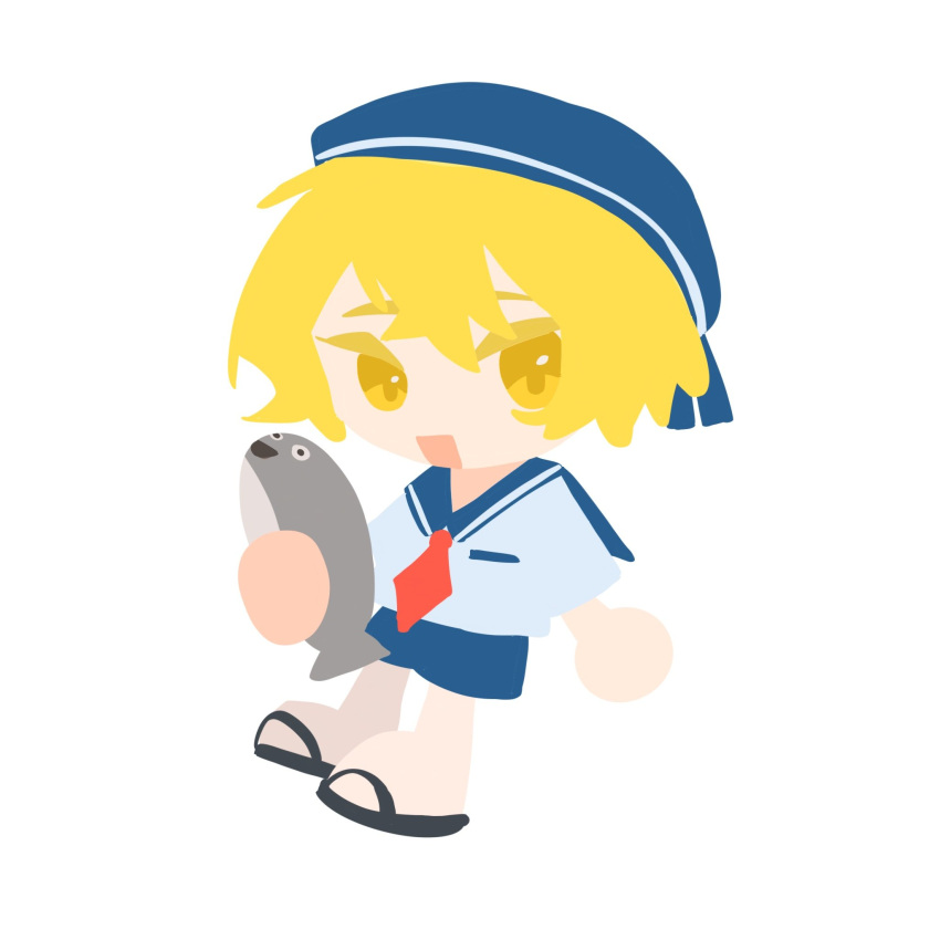 1boy, animal, black_footwear, blonde_hair, blue_hat, blue_sailor_collar, chibi, electricleaf, fish, highres, holding, holding_animal, holding_fish, limbus_company, long_sleeves, looking_at_viewer, male_focus, necktie, open_mouth, project_moon, red_necktie, sacabambaspis, sailor_collar, sandals, shirt, simple_background, sinclair_(project_moon), solo, white_background, white_shirt, yellow_eyes
